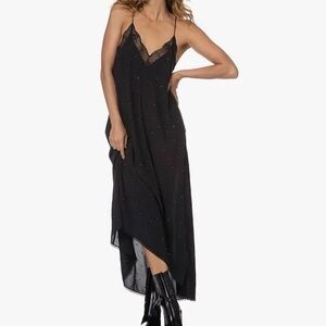 NWT! Zadig & Voltaire Black Lace-Trim Slip Maxi Dress with Crystals, Size M